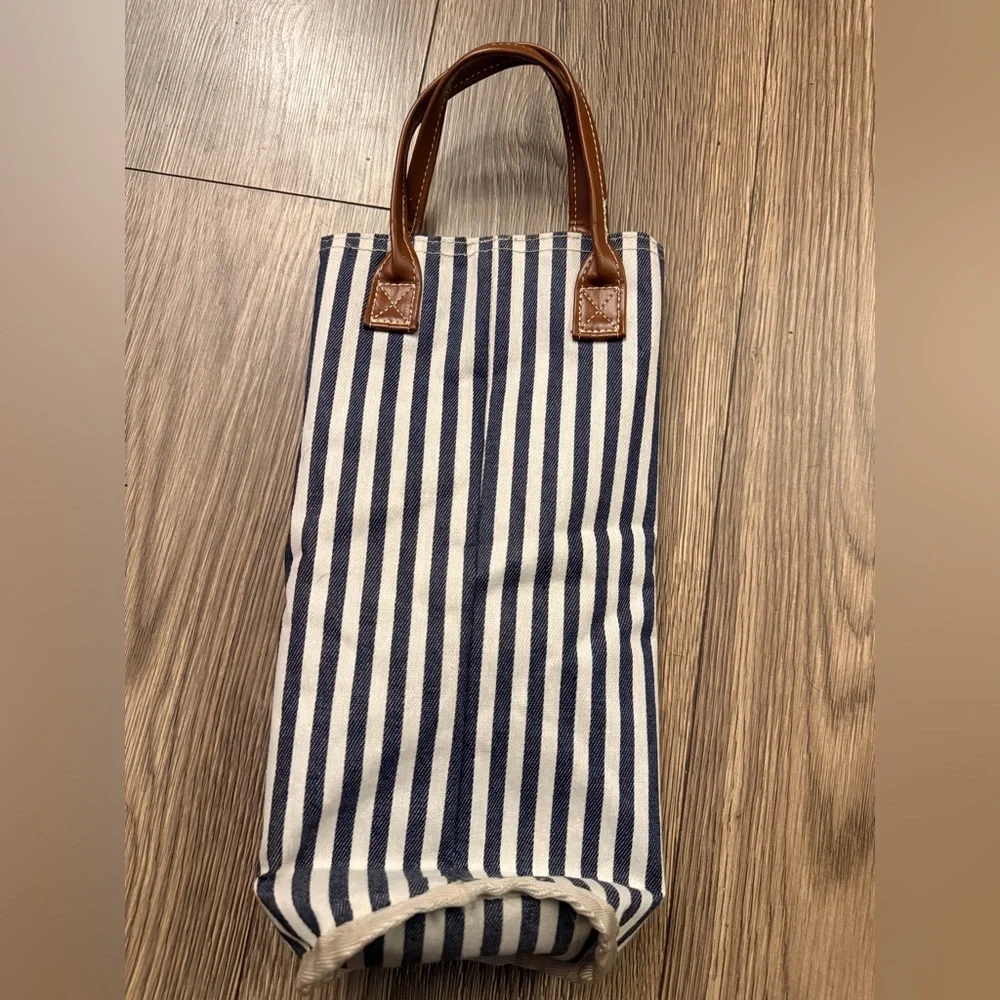 Navy Striped Wine Tote with Leather Handles
